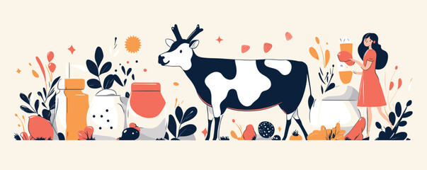 Woman milking cow in pastoral scene with nature and dairy elements.
