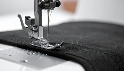 A close-up view of a sewing machine needle and presser foot, focusing on the intricate mechanism used for stitching fabric