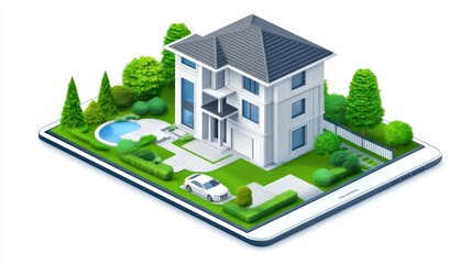 Modern House in Digital Landscape with Car and Swimming Pool on Tablet Screen