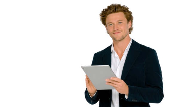 Business professional engaging with technology studio setting digital interaction clean background confident posture