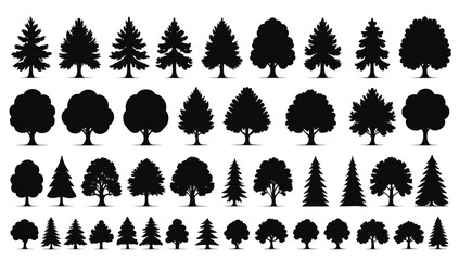A collection of black tree silhouettes showcasing various shapes and foliage styles on a light background.
