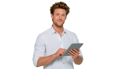 Engaging young professional using tablet modern office space digital interaction bright environment portrait view technology advancement