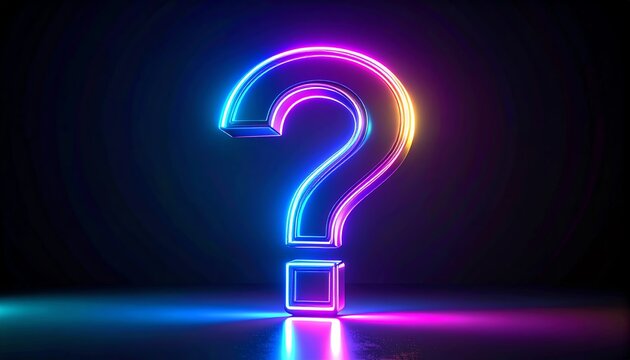 A glowing neon question mark stands against a dark background, radiating vibrant colors and creating a striking visual effect