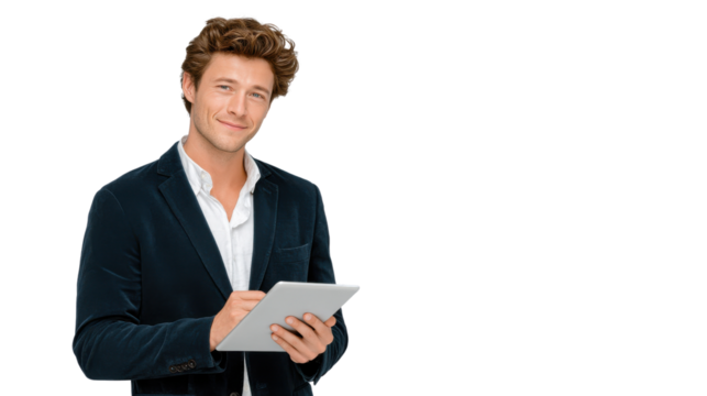 Professional man engaging in digital work studio setting portrait capture clean background focus on innovation