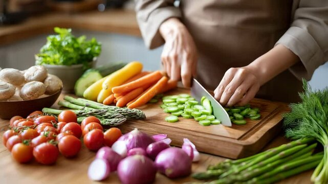 a woman chopping fresh vegetables for a healthy meal. The image captures the joy of cooking and preparing a delicious and nutritious meal.