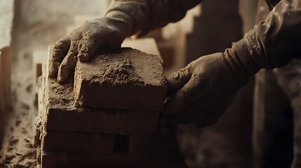 Hands in Gloves Laying Bricks