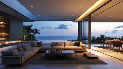 Modern beachfront living room at sunset with ocean view (1)