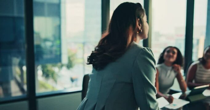 Businesswoman, tablet and walking to meeting in office for financial presentation, budget review and feedback. Finance employee, woman and digital report for company revenue, stats analysis or update