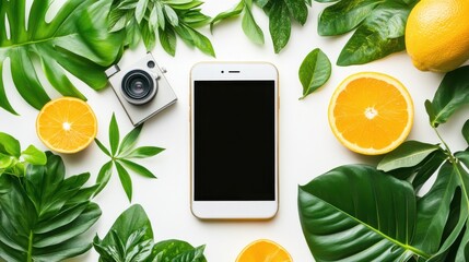 Smartphone Surrounded by Green Leaves and Fresh Oranges on White Background