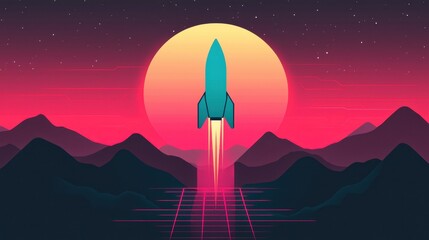 Vibrant Digital Art of a Rocket Launching Towards a Sunset Over Abstract Mountain Landscape