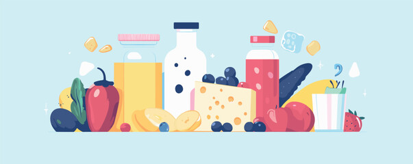 Fototapeta premium Colorful arrangement of fruits, vegetables, and dairy products against light blue background.