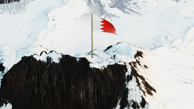 Dynamic 3D animation showcasing the Bahrain flag with a white band and red field divided by five white triangles in a serrated pattern, fluttering atop a snowy mountain summit, embodying national prid