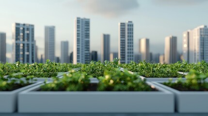 Fototapeta premium Urban Rooftop Garden with Fresh Plants Against a City Skyline at Sunrise