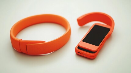 Vibrant Orange Technology Accessories Including a Smartband and a Smartphone on a Neutral Background