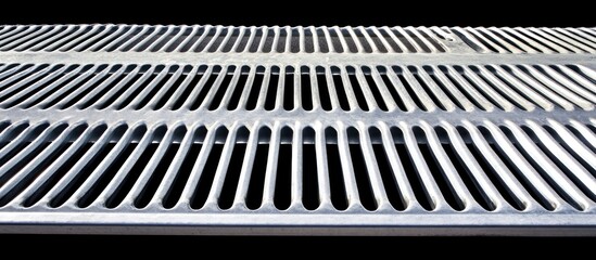 Geometric metal grate pattern offering a repetitive design, gray colored, with black background