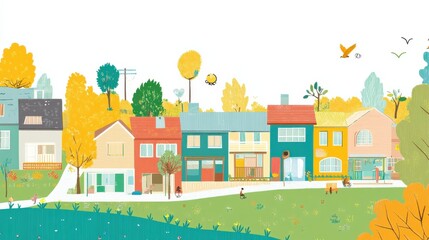 Charming Colorful Houses with Lush Greenery in a Serene Neighborhood Scene