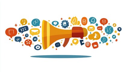 Colorful Megaphone with Social Media Icons Illustrating Digital Communication Concept
