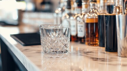Elegant Crystal Glass on Marble Bar Surface with Assorted Liquor Bottles in the Background