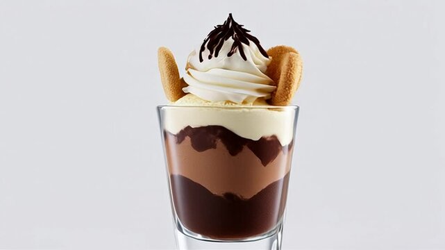 Elegant Chocolate Dessert Parfait with Dark Pudding Milk Mousse and Cream Topped with Wafers and Shavings in Clear Glass Against Clean White Background