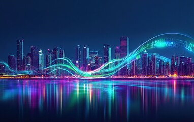 Futuristic city skyline at night with vibrant light trails