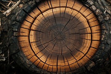 Fototapeta premium Close-up of a tree stump's cross-section, showcasing concentric rings and wood grain. Dark, rich tones, from charred outer bark to light wood interior