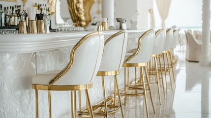Elegant modern bar interior with luxurious white and gold seating and stylish decor elements