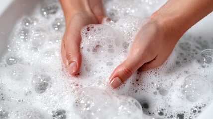 Fototapeta premium Hands gently hold foam bubbles in bathtub, creating soothing and relaxing atmosphere
