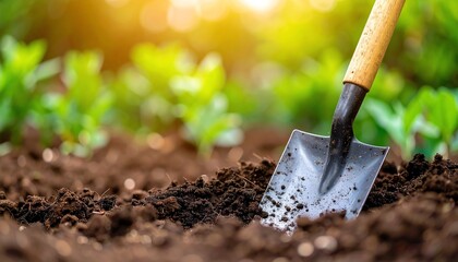 A garden shovel in rich brown soil, surrounded by green plants, captures the essence of gardening and nature's beauty in sunlight