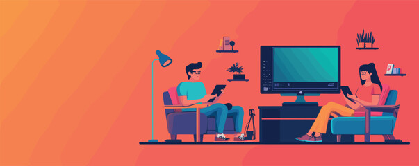 Two young adults relaxing in modern living room with gadgets and plants.