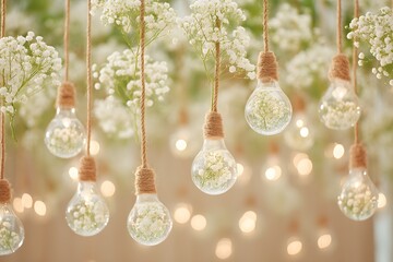 Illuminating Bloom: An artistic composition of clear light bulbs, each delicately adorned with sprigs of delicate white flower, suspended amidst a backdrop of natural blossoms.