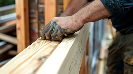Construction Worker Handling Wooden Beam