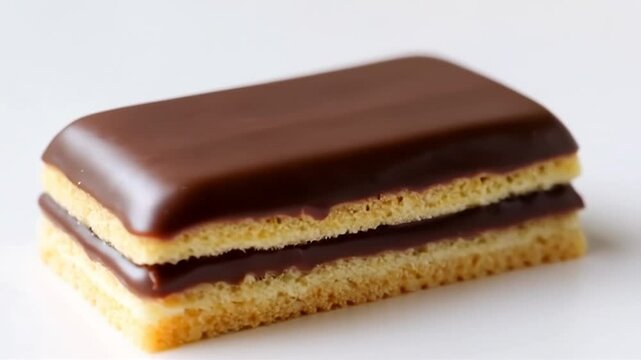 Eye Level Close Up of Rectangle Chocolate Glazed Cake with Sponge Layers on White Background Delicious Dessert Confectionery Gourmet Food