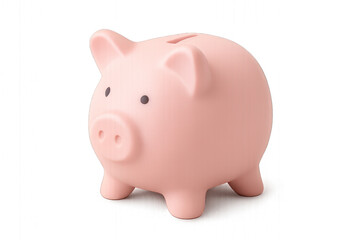 Pink piggy bank with a smiling face, sitting on a white surface. Isolated on transparent background.