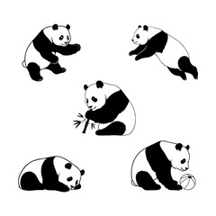 Cute panda outline set featuring pandas jumping, playing, and sleeping in fun poses. Perfect for kids' books, coloring pages, and animal-themed designs. High-quality line art style.