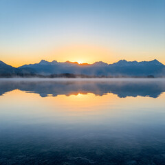 Fototapeta premium Symmetrical Serenity: The Mirrored Majesty of Dawn's Embrace