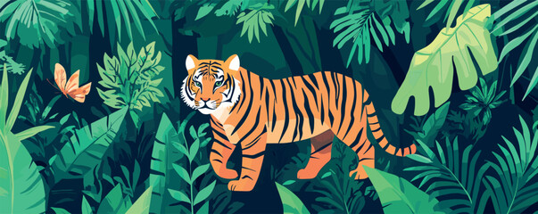 Majestic tiger strolling through lush jungle with butterfly and tropical greenery.