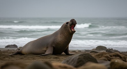 Fototapeta premium Elephant Seal Roars on Beach