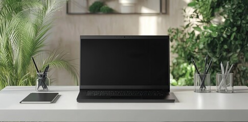 Close-up of a black laptop and notebook on a white desk with a pen holder, glass vases with a green plant in a modern home office interior background. This provides a copy space for text or product di