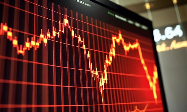 A red stock market graph with the word "Dow". The background is dark, and there's an orange glow on top of it, creating a glowing effect. It has numbers at both ends, 