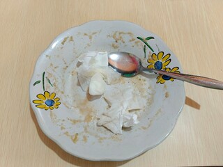 Empty Plate with Food Residue and Spoon on Table