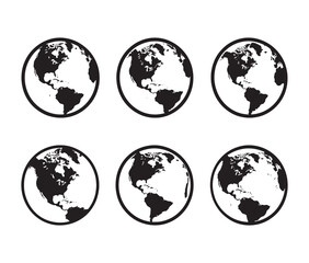 Fototapeta premium Minimalist earth globe icon set – Classic black and white earth designs. Silhouette world map and globe.