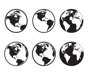 Fototapeta premium Minimalist earth globe icon set – Classic black and white earth designs. Silhouette world map and globe.