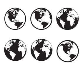 Minimalist earth globe icon set &ndash; Classic black and white earth designs. Silhouette world map and globe.