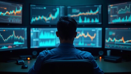 A man sitting at a desk in front of multiple computer monitors.