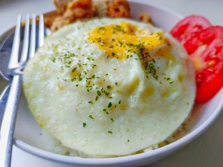 Fried Egg with Tomato and Bread on Plate Ready to Eat