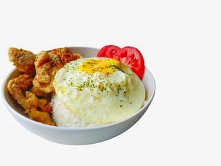 Serving Rice Topped with Egg and Fried Food in Bowl