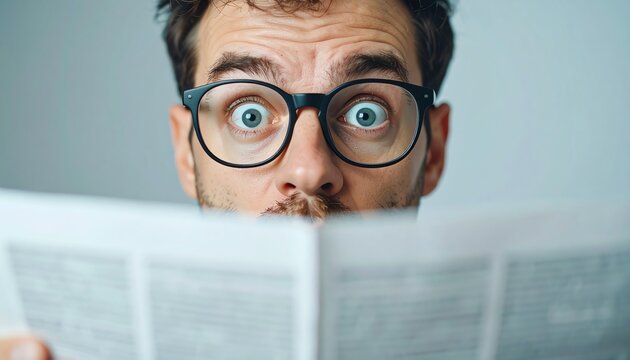 A surprised man reads a newspaper, showcasing a reaction of shock or disbelief, highlighting the power of news and information