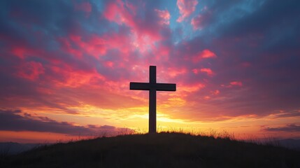 Silhouette of Cross at Sunset Against Colorful Sky Horizon