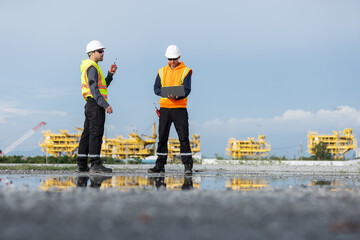 Two engineers in safety gear stand on a reflective surface at a drilling rig construction site.