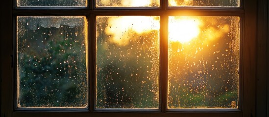 Golden sunlight streams through a rain-streaked window.